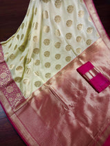 Cream Off White with Hot Pink Border Banarasi saree in banarasi silk with wide satin patta border in hot pink & blue — Kaash Collection