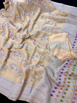 Cream pure khaddi georgette silk saree with silver zari with pastel hand-brush — Kaash Collection