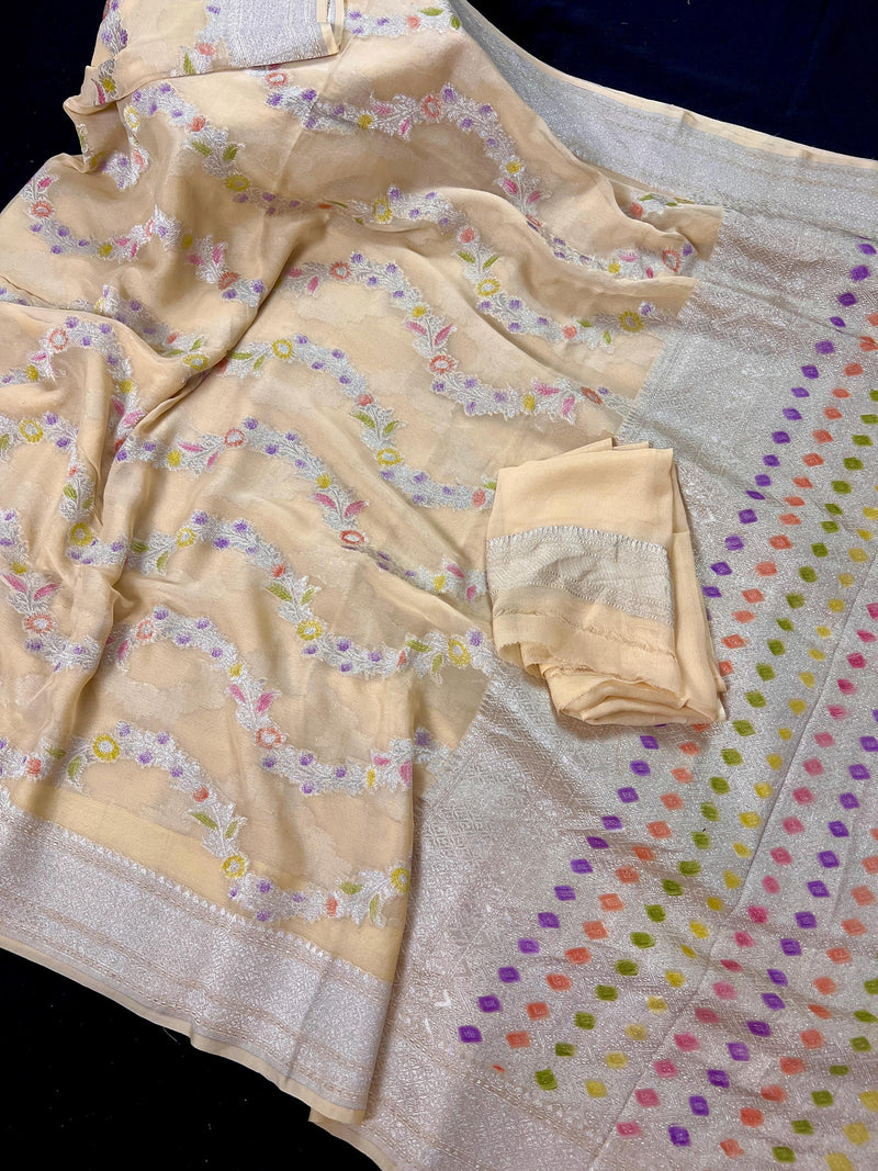 Cream Pure Khaddi Georgette Silk Saree with Sliver Zari and Hand Brush | Floral Saree | SILK MARK CERTIFIED - Kaash