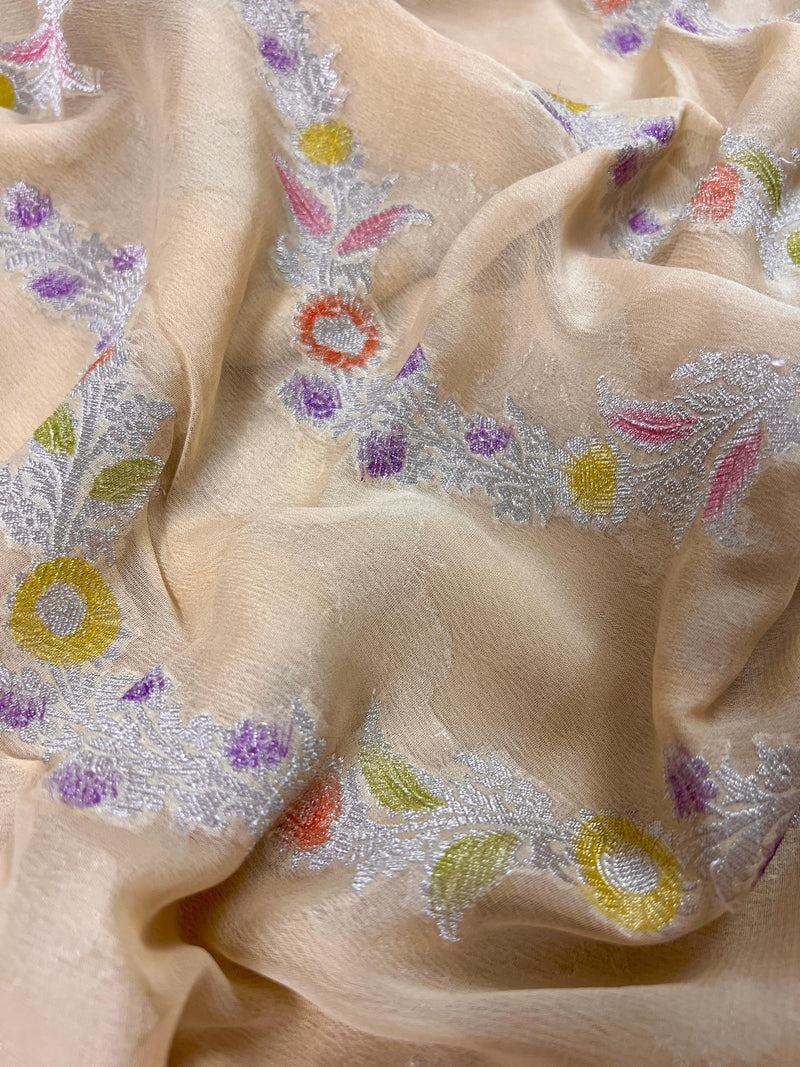 Cream Pure Khaddi Georgette Silk Saree with Sliver Zari and Hand Brush | Floral Saree | SILK MARK CERTIFIED - Kaash