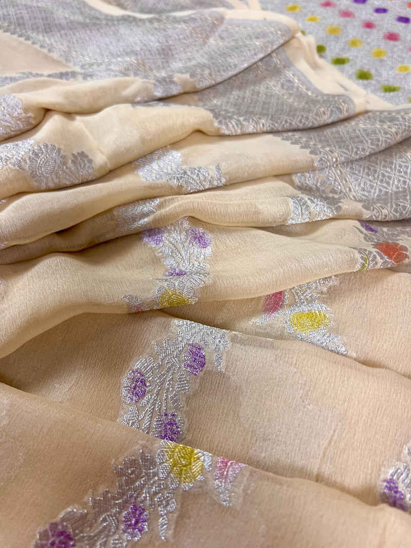 Cream Pure Khaddi Georgette Silk Saree with Sliver Zari and Hand Brush | Floral Saree | SILK MARK CERTIFIED - Kaash