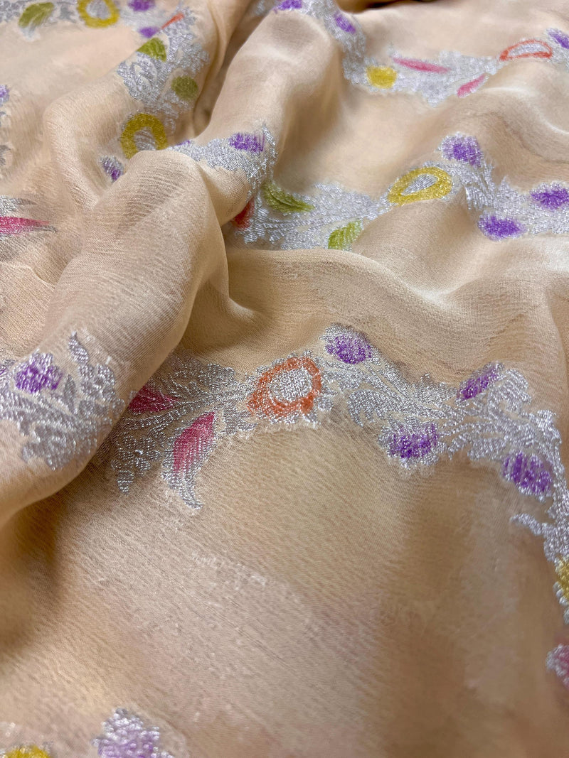 Cream Pure Khaddi Georgette Silk Saree with Sliver Zari and Hand Brush | Floral Saree | SILK MARK CERTIFIED - Kaash