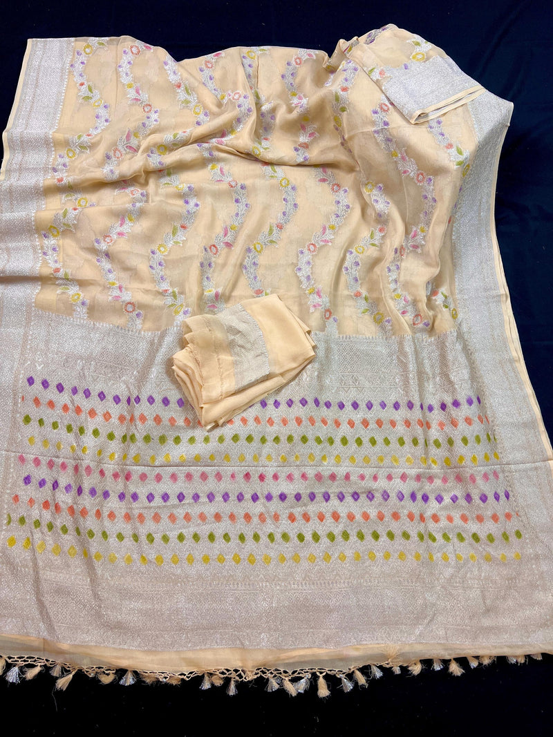 Cream Pure Khaddi Georgette Silk Saree with Sliver Zari and Hand Brush | Floral Saree | SILK MARK CERTIFIED - Kaash