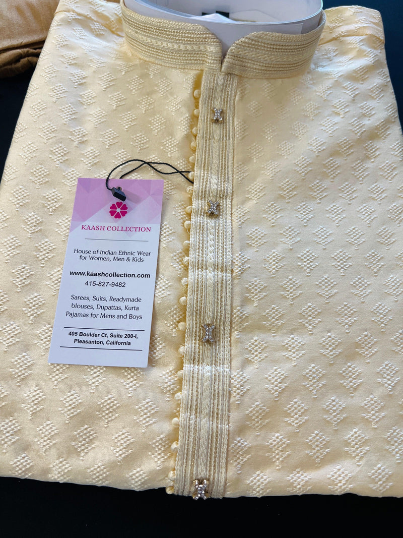 Creamy Beige Color Raw Silk Kurta Pajama for Men | Self Design Embroidery Buttis | Cream Mens Kurta | Beige Color Kurta | Kurta Store in USA - Kaash