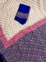 Creamy Beige with Pink and Royal Blue pure khaddi georgette silk saree with copper zari with pink & royal blue borders — Kaash Collection