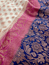 Creamy Beige with Pink and Royal Blue pure khaddi georgette silk saree with copper zari with pink & royal blue borders — Kaash Collection
