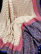 Creamy Beige with Pink and Royal Blue pure khaddi georgette silk saree with copper zari with pink & royal blue borders — Kaash Collection