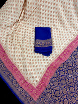 Creamy Beige with Pink and Royal Blue pure khaddi georgette silk saree with copper zari with pink & royal blue borders — Kaash Collection