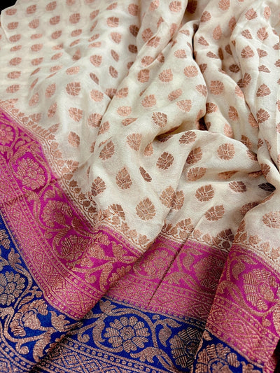 Creamy Beige with Pink and Royal Blue pure khaddi georgette silk saree with copper zari with pink & royal blue borders — Kaash Collection