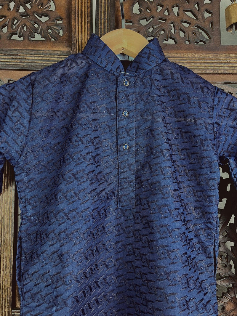 Dark Blue Boys Cotton Chikankari 2-piece kurta pajama set for boys with lucknowi chikankari on cotton — Kaash Collection