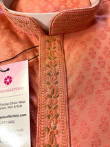 Dark Coral Pink men's kurta pajama in raw silk with embroidery on neckline — Kaash Collection
