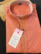 Dark Coral Pink men's kurta pajama in raw silk with embroidery on neckline — Kaash Collection