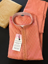 Dark Coral Pink men's kurta pajama in raw silk with embroidery on neckline — Kaash Collection