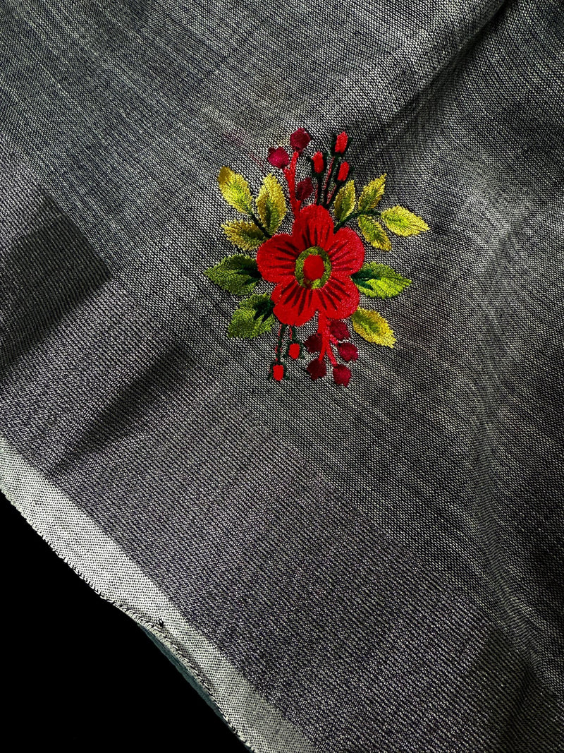 Dark Gray Linen Cotton Silk Floral Embroidery Saree with Sliver Zari Work | Linen Sarees with Tissue Border and Pallu - Kaash