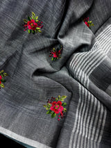 Dark Gray Linen Cotton Silk Floral Embroidery Saree with Sliver Zari Work | Linen Sarees with Tissue Border and Pallu - Kaash