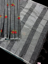 Dark Gray Linen Cotton Silk Floral Embroidery Saree with Sliver Zari Work | Linen Sarees with Tissue Border and Pallu - Kaash