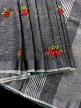 Dark Gray Linen Cotton Silk Floral Embroidery Saree with Sliver Zari Work | Linen Sarees with Tissue Border and Pallu - Kaash