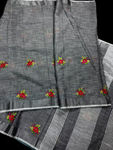 Dark Gray Linen Cotton Silk Floral Embroidery Saree with Sliver Zari Work | Linen Sarees with Tissue Border and Pallu - Kaash