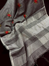 Dark Gray Linen Cotton Silk Floral Embroidery Saree with Sliver Zari Work | Linen Sarees with Tissue Border and Pallu - Kaash