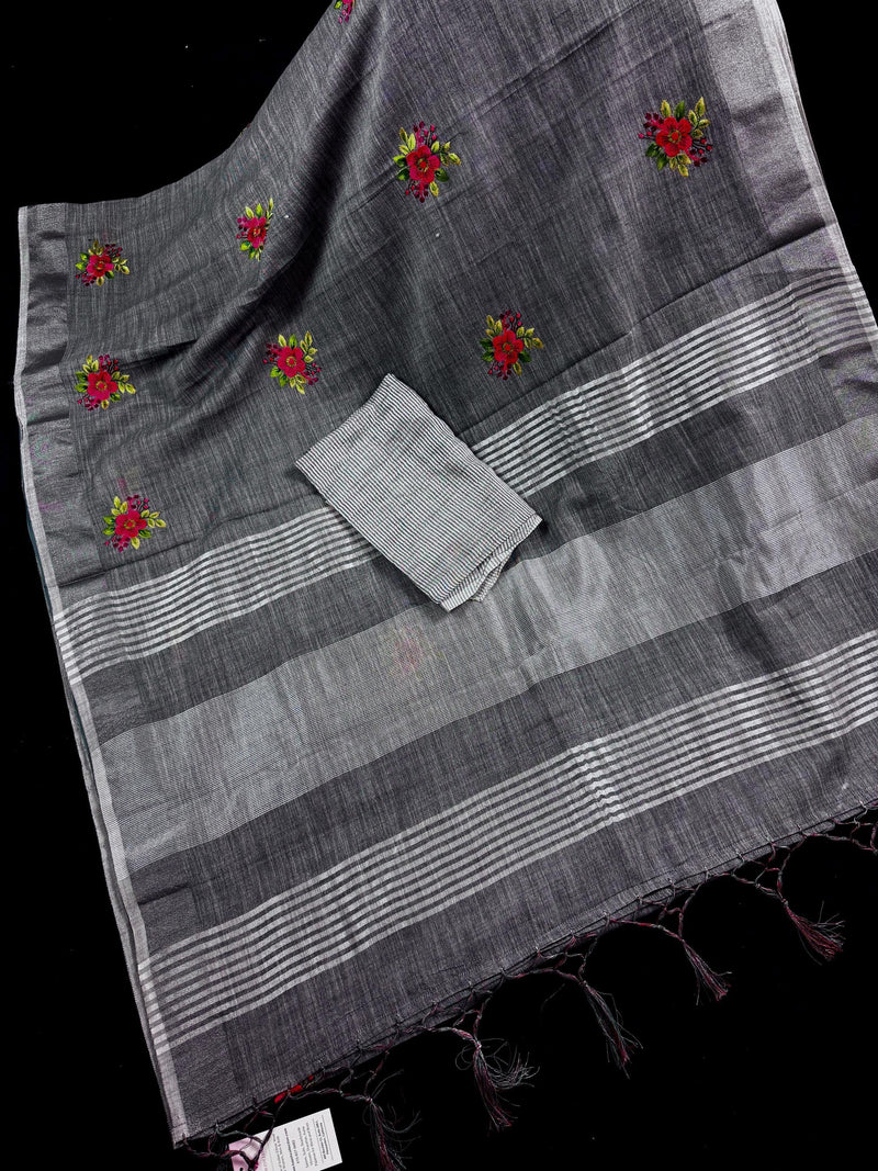 Dark Gray Linen Cotton Silk Floral Embroidery Saree with Sliver Zari Work | Linen Sarees with Tissue Border and Pallu - Kaash