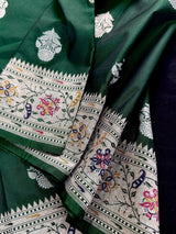Dark Green Banarasi Silk Saree | Meenakari Work, Paithani Borders, Muted Gold Sliver Zari - Kaash