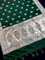 Dark Green Banarasi Silk Saree | Meenakari Work, Paithani Borders, Muted Gold Sliver Zari - Kaash
