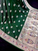 Dark Green Banarasi Silk Saree | Meenakari Work, Paithani Borders, Muted Gold Sliver Zari - Kaash