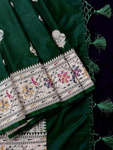 Dark Green Banarasi Silk Saree | Meenakari Work, Paithani Borders, Muted Gold Sliver Zari - Kaash