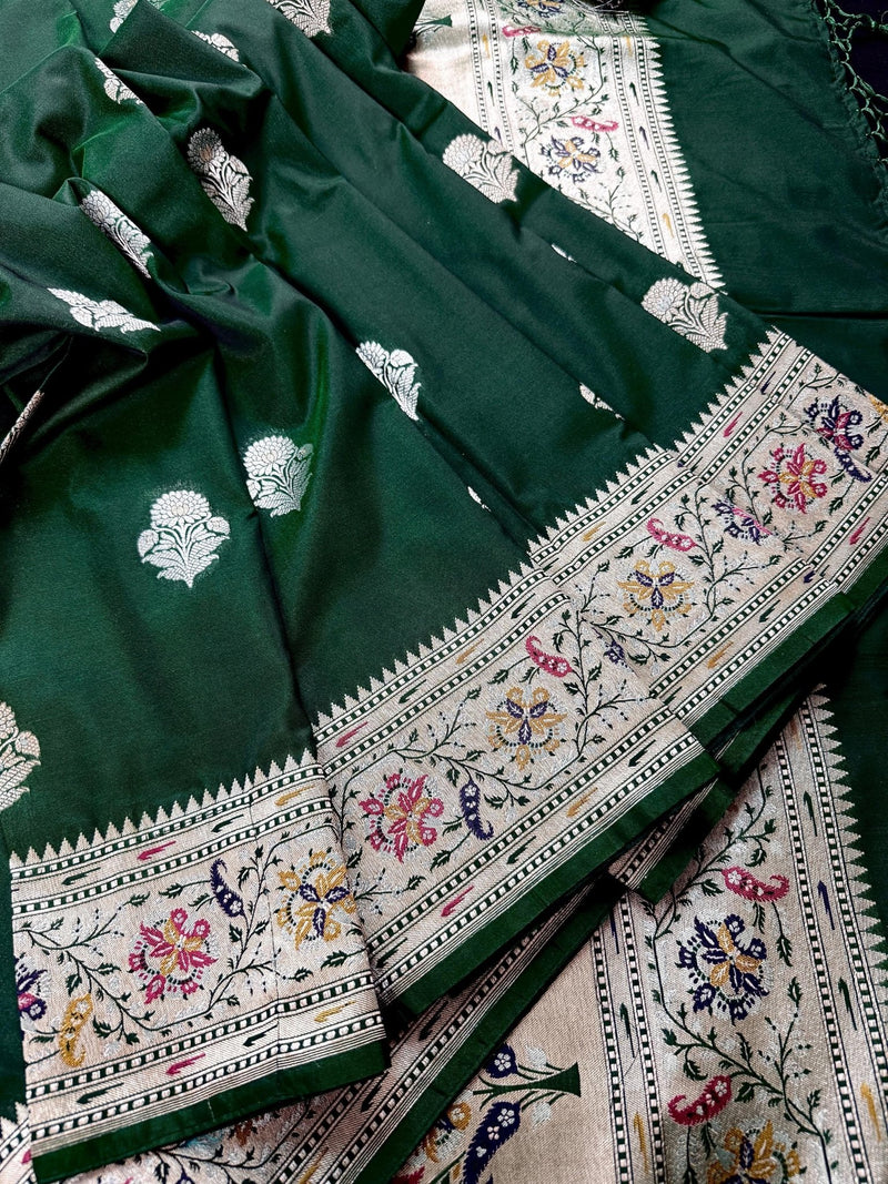 Dark Green Banarasi Silk Saree | Meenakari Work, Paithani Borders, Muted Gold Sliver Zari - Kaash