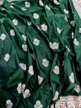 Dark Green Banarasi Silk Saree | Meenakari Work, Paithani Borders, Muted Gold Sliver Zari - Kaash