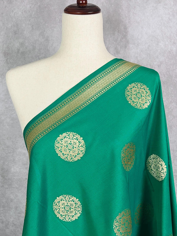 Dark Green Color Handmade Soft Silk Zari Weaved Dupatta with Chakras with Grand Flower Borders | Indian Dupatta | Gift For Her - Kaash