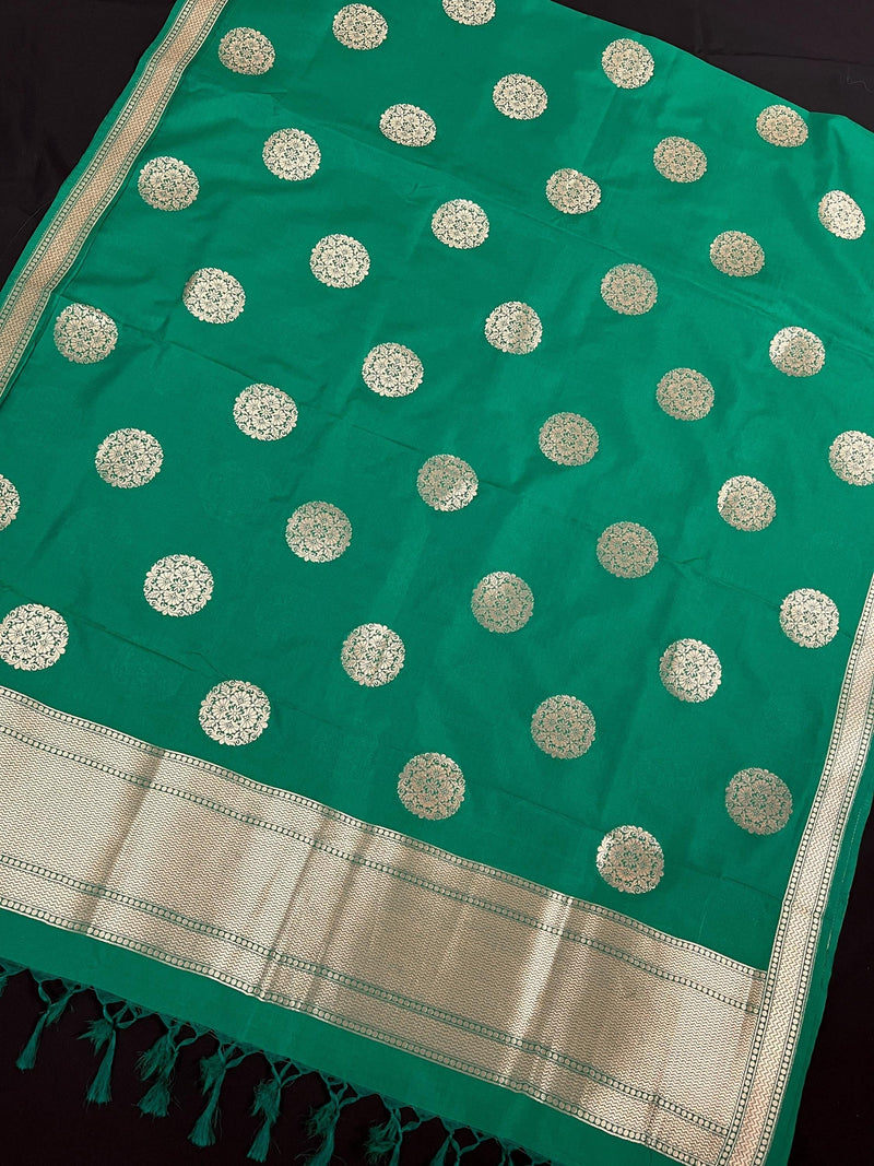 Dark Green Color Handmade Soft Silk Zari Weaved Dupatta with Chakras with Grand Flower Borders | Indian Dupatta | Gift For Her - Kaash