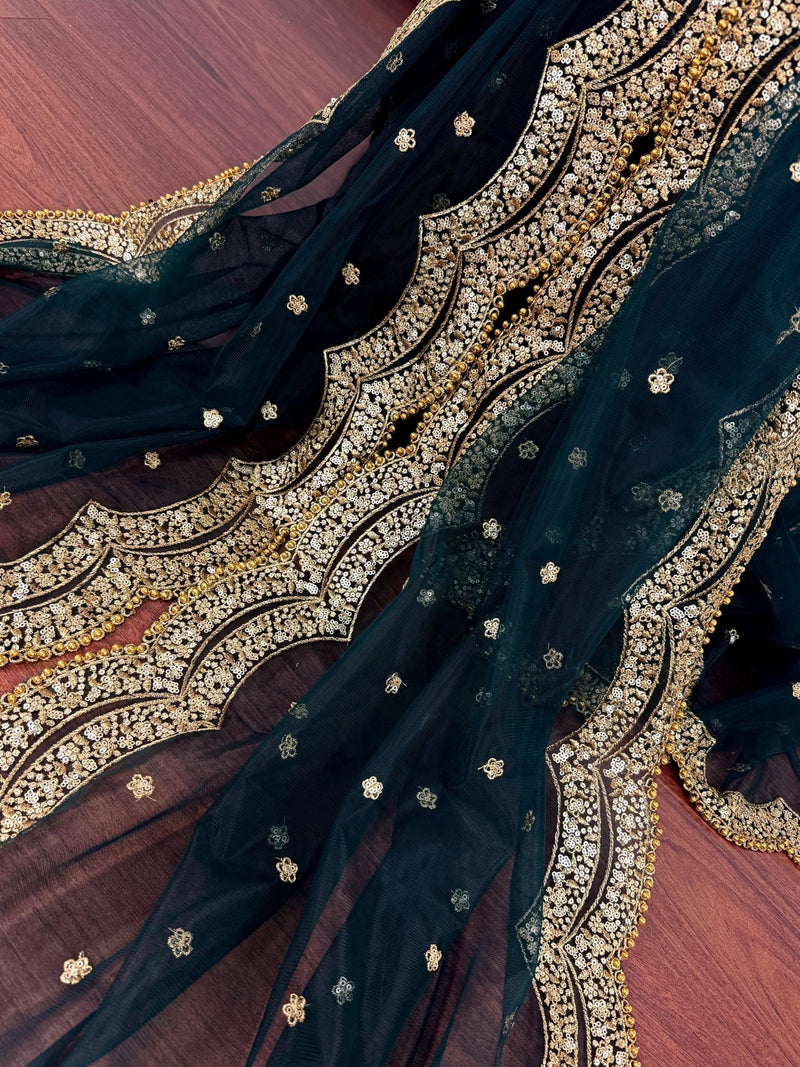 Dark Green net dupatta with gold zari, sequin & beadwork — Kaash Collection