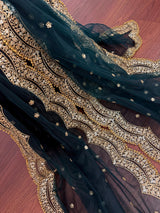 Dark Green net dupatta with gold zari, sequin & beadwork — Kaash Collection