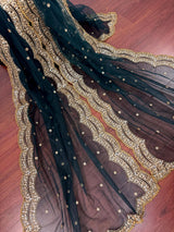 Dark Green net dupatta with gold zari, sequin & beadwork — Kaash Collection