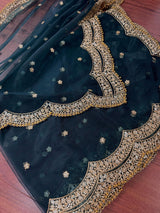 Dark Green net dupatta with gold zari, sequin & beadwork — Kaash Collection