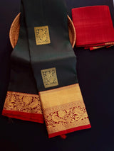 Dark Green with Maroon pure kanjivaram silk saree with gold zari with peacock motifs — Kaash Collection