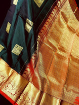 Dark Green with Maroon pure kanjivaram silk saree with gold zari with peacock motifs — Kaash Collection