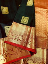 Dark Green with Maroon pure kanjivaram silk saree with gold zari with peacock motifs — Kaash Collection