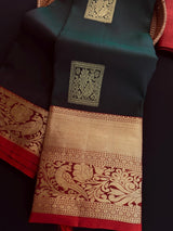 Dark Green with Maroon pure kanjivaram silk saree with gold zari with peacock motifs — Kaash Collection