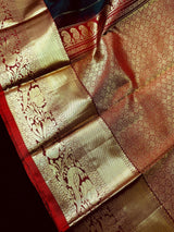 Dark Green with Maroon pure kanjivaram silk saree with gold zari with peacock motifs — Kaash Collection