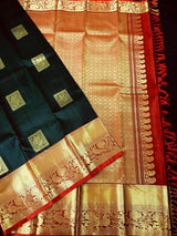Dark Green with Maroon pure kanjivaram silk saree with gold zari with peacock motifs — Kaash Collection