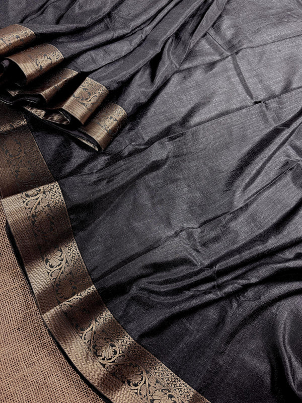 Dark Grey Color Art Silk Saree with Lace Borders - Plain Body and Work Blouse - Gray Color Saree - Kaash