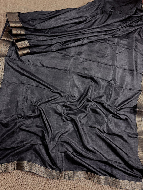 Dark Grey Color Art Silk Saree with Lace Borders - Plain Body and Work Blouse - Gray Color Saree - Kaash