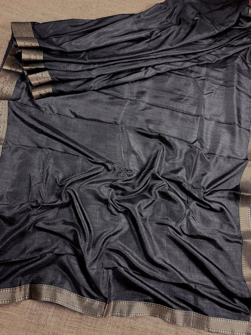 Dark Grey Color Art Silk Saree with Lace Borders - Plain Body and Work Blouse - Gray Color Saree - Kaash