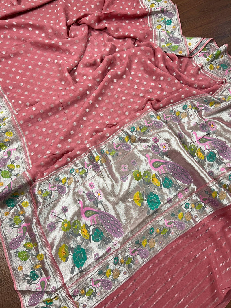 Dark Mauve pure banarasi georgette silk paithani saree with paithani meenakari with peacock motifs — Kaash Collection