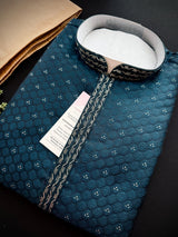 Dark Teal Color Party Wear Designer Men Kurta Set with tiny zari and Embossed Self Design in Soft Silk Material - Kaash