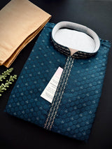 Dark Teal Color Party Wear Designer Men Kurta Set with tiny zari and Embossed Self Design in Soft Silk Material - Kaash