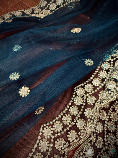 Dark Teal Color Soft Net Dupatta with Muted Gold Zari and Artifical Mirror - Kaash