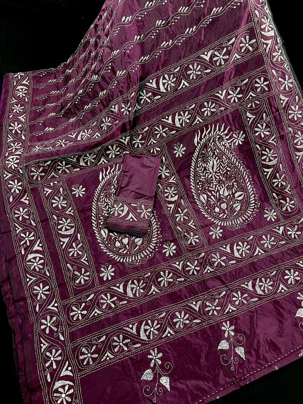 Dark Wine Color Kantha Stitch Saree - Bangalori Silk Saree - Handwoven Kantha Stitch Saree - Kantha Stitch Silk Saree - Kaash